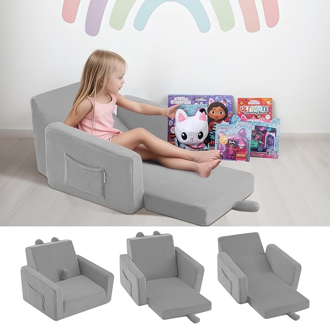 MeMoreCool Folding Toddler Chair, Cmofy Plush Fold Out Kids Couch Sofa, Convertible Kid Sofa Bed, Flip Out Baby Recliner for Toddlers 1-3 Girls Boys