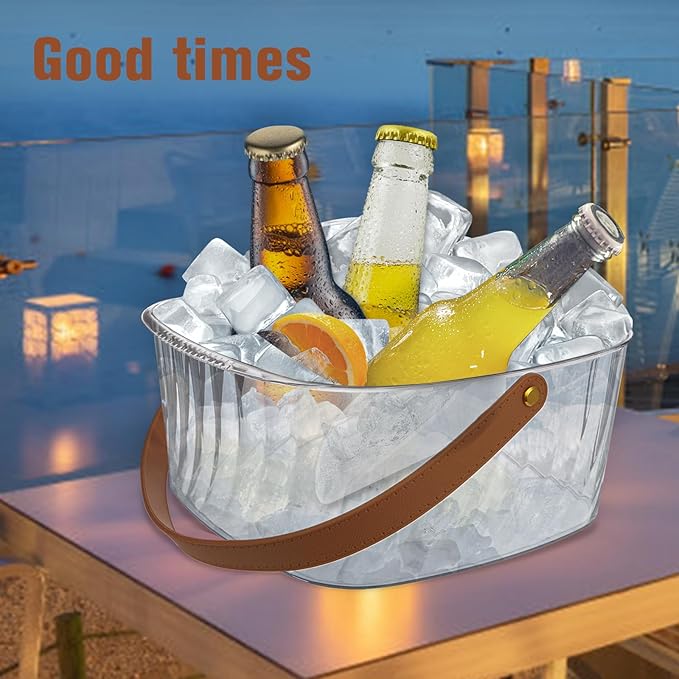 Ice Bucket for Parties, Ice Bucket Bar Beer 6L, Clear Plastic Champagne Bucket with Leather Carrying Handle, Square Ice Bucket with Scoop for Cocktail Bar, Parties, Drinks, Wine, Beer Bottles