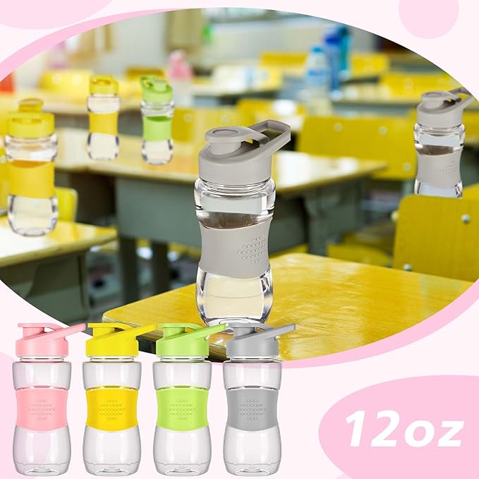 Hushee Water Bottles for Kids 12 oz Leak Proof Drinking Bottle Bulk Plastic Sports Bottles Clear Water Bottle Flip up Portable for School Students Boys Girls Travel Outdoor