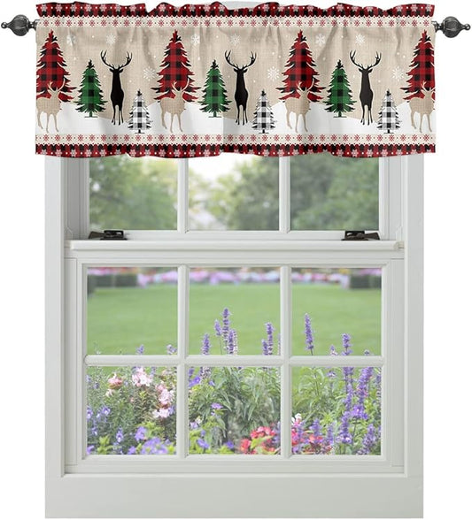 Farmhouse Christmas Kitchen Curtains Valances for Windows Rustic Plaid Christmas Tree Snowflakes Rod Pocket Short Curtain for Kitchen /Living Room/Bedroom/ Bathroom,42" X 18" -1 Panel, Red Green Black