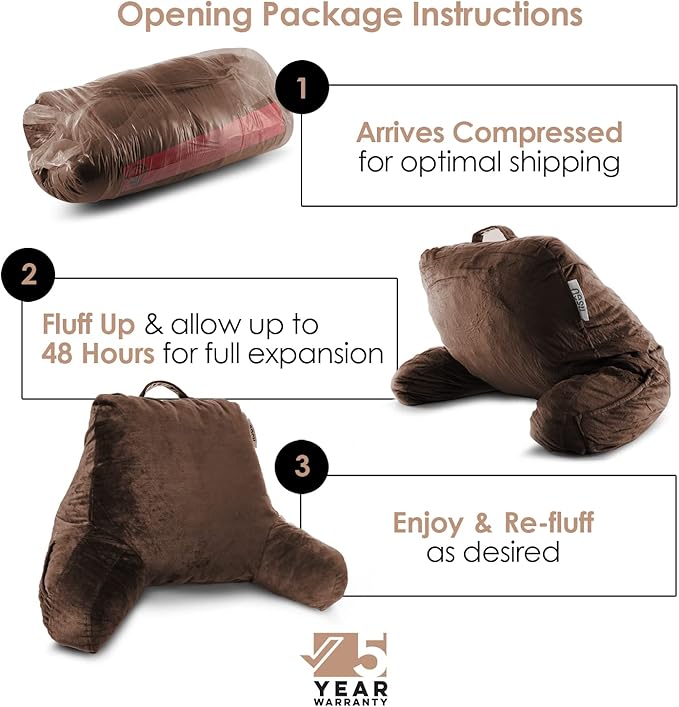 Nestl Reading Pillow Standard Bed Pillow, Back Pillow for Sitting in Bed Memory Foam Chair Pillow, Reading & Bed Rest Pillows Chocolate Brown Back Pillow for Bed, Bed Chair Arm Pillow with Pockets