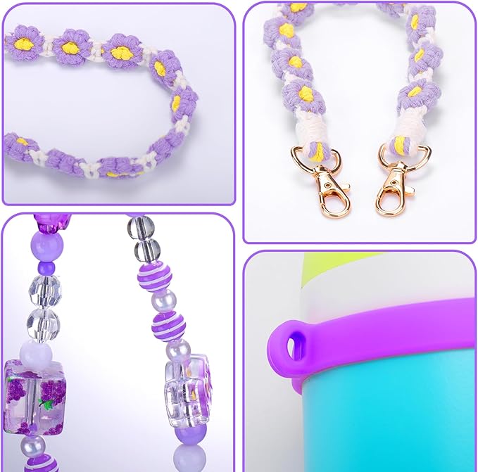 Mity rain Water Bottle Accessories Set for Owala, Including Water Bottle Handle Strap, Charms,Bohemian Style Personality and Easy to Carry (Purple, Universal (not Include Boot))