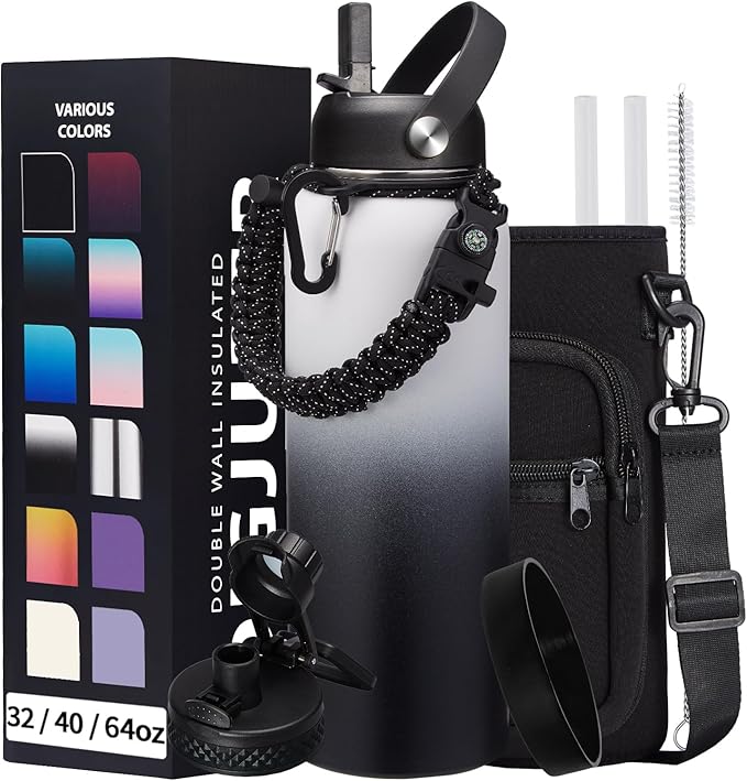 Stainless Steel Water Bottle 40oz with Straw & Auto Spout Lids, Paracord Handle, Insulated Water Bottle Carrier Bag & Bottle Protective Boot, Thermo Flask Metal Canteen Bottle Keep Cold-48H & Hot-24H