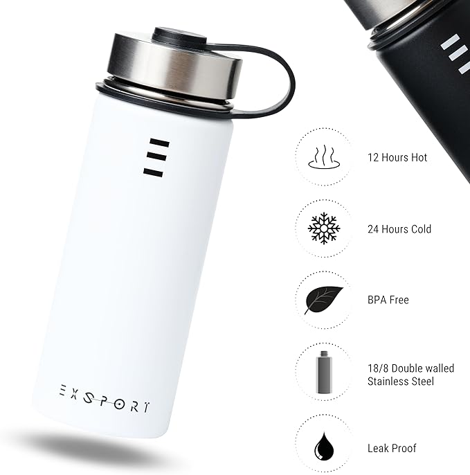 Stainless Steel Water Bottle - 18 Oz Water Bottle with Straw Lid, Coffee Lid, and Wide Mouth Lid - Double Insulated Water Bottle - Metal Water Bottle - Hot and Cold Insulated Thermos - (White)