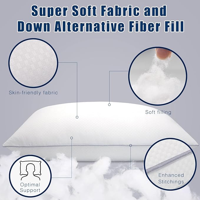 Bed Pillows for Sleeping 2 Pack, Queen Size Pillows Set of 2,Down Alternative Filling, Pillow for Back, Stomach or Side Sleepers Grey