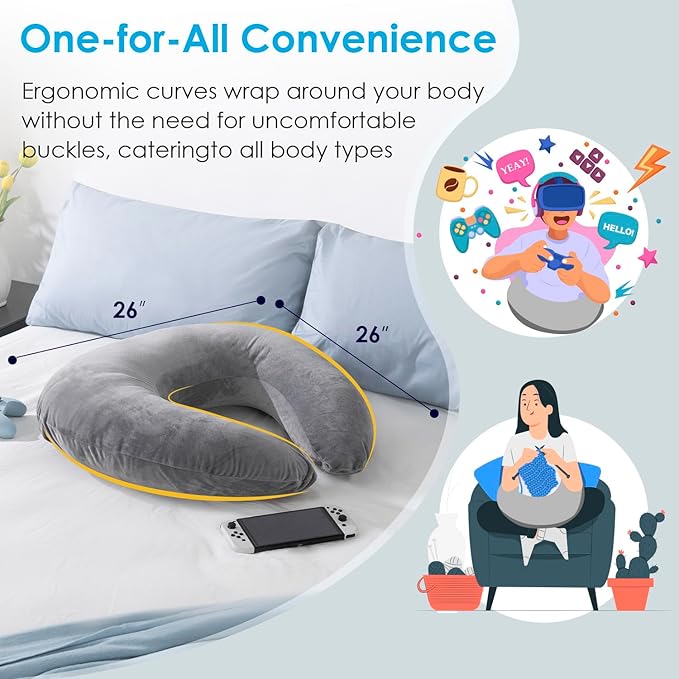 QUEEN ROSE Reading Pillow, Gaming Pillow for Lap, Sitting in Bed or Sofa, Extra Arm Rest for Reading, Playing or Crocheting, Soft Velvet Grey