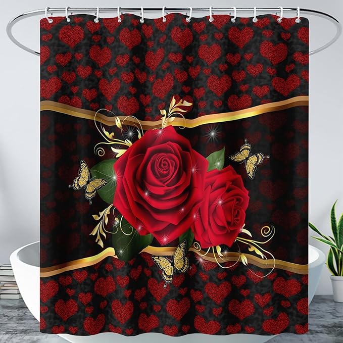 AILONEN Red Rose Shower Curtain for Bathroom, Romantic Flower Rose 3D Printed Valentine Wedding Bathroom Decor Hearts Curtain,36" W*72" H Polyester Waterproof Bath Curtain with 12 Hooks
