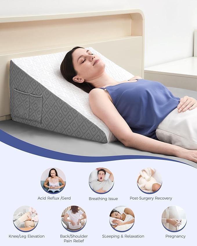 Wedge Pillow for Sleeping, 12"Bed Wedge Pillow for Acid Reflux Relief,Snoring,Back Pain Relief,Leg elevation,Post Surgery,GEL Infused Memory Foam Top Triangle Pillow Wedge with Breathable Cover