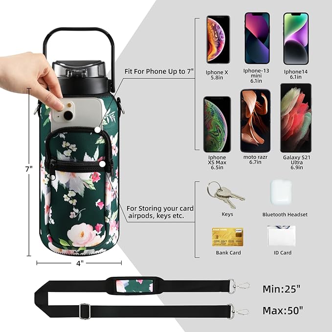 Half Gallon 64oz Glass Water Bottle with Straw and Storage Sleeve Motivational Water Bottle with Strap and Time to Drink 2L Leakproof Reusable Water Jug for Fitness Gym and Outdoors