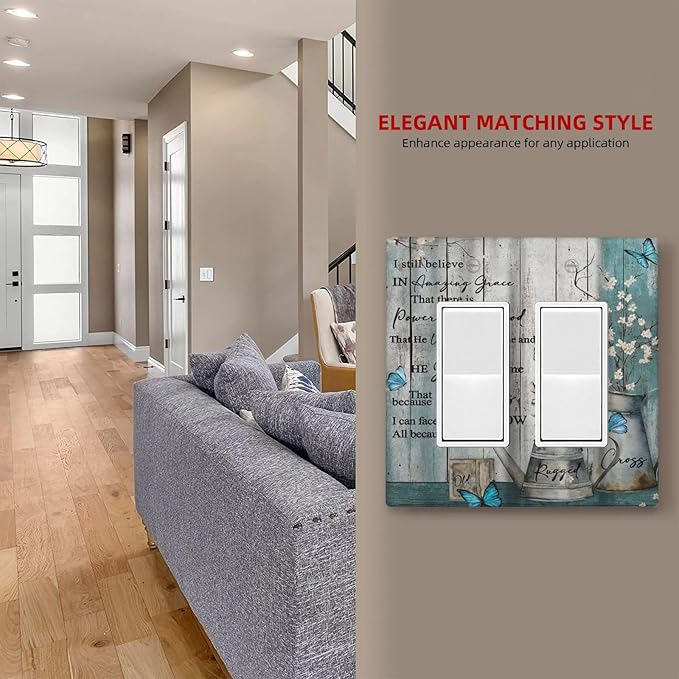 Vintage Teal Butterfly Inspirational Quotes Wood Plank 2 Gang Rocker Decora Light Switch Covers Dual Outlet Covers Wall Plate Decorative Switchplate Electrical Faceplate GFCI for Farmhouse Bedroom