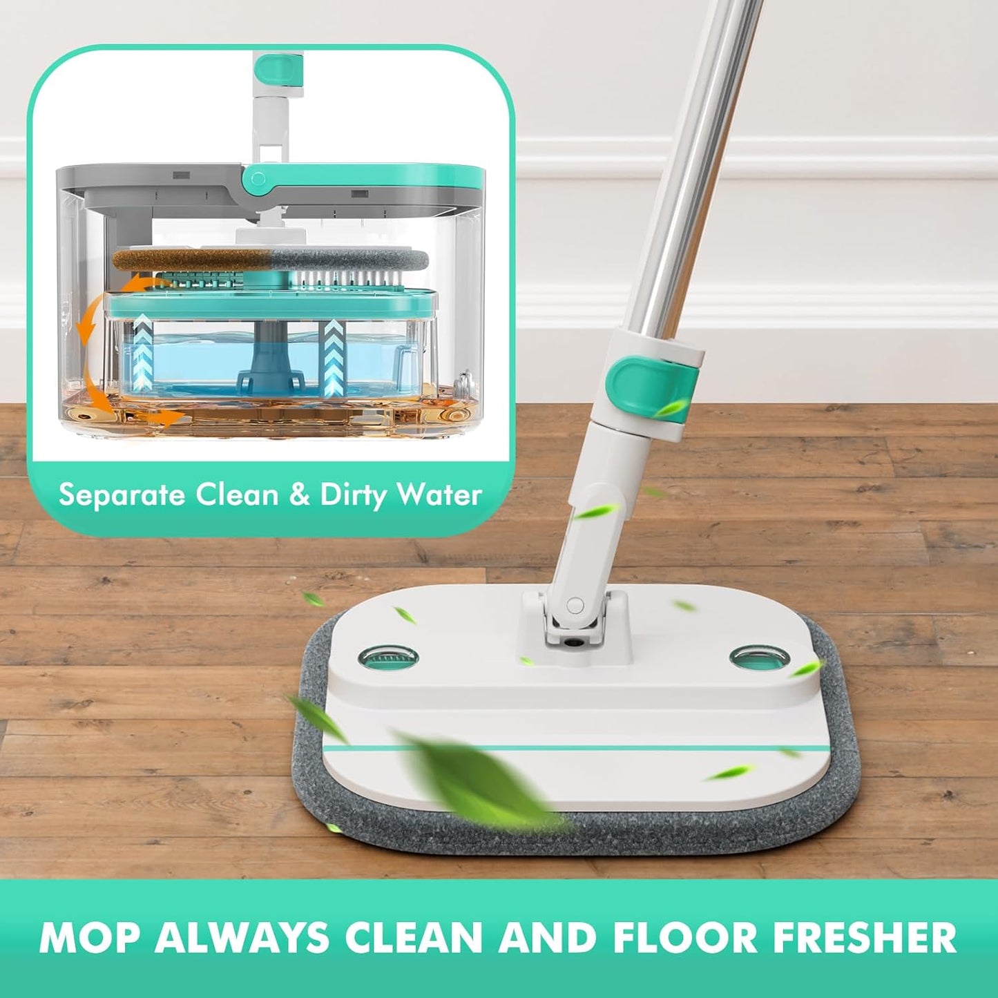 Upgraded Spin Mop and Bucket Self-Standing Mop Bucket Separate Dirty and Clean Water System Self Wringing 360° Rotating & 90° Foldabl Mops and Buckets for Floor Cleaning (Blue, 10Pads)