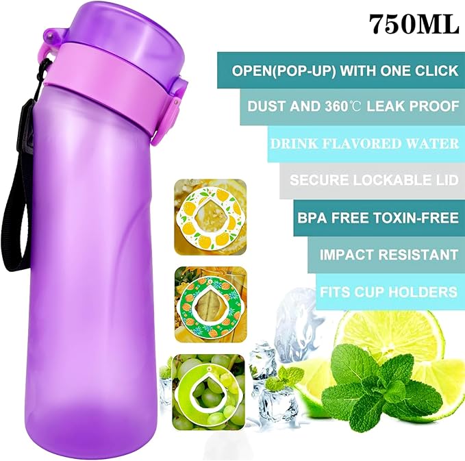 Air Water Bottle,750ML Scent Water Cup with 3 Flavour Pods,Leak Proof Sports Water Cup with Straw Suitable for Outdoor Sports,Gifts From Friends, Birthday Gifts (New Purple + 3pods)