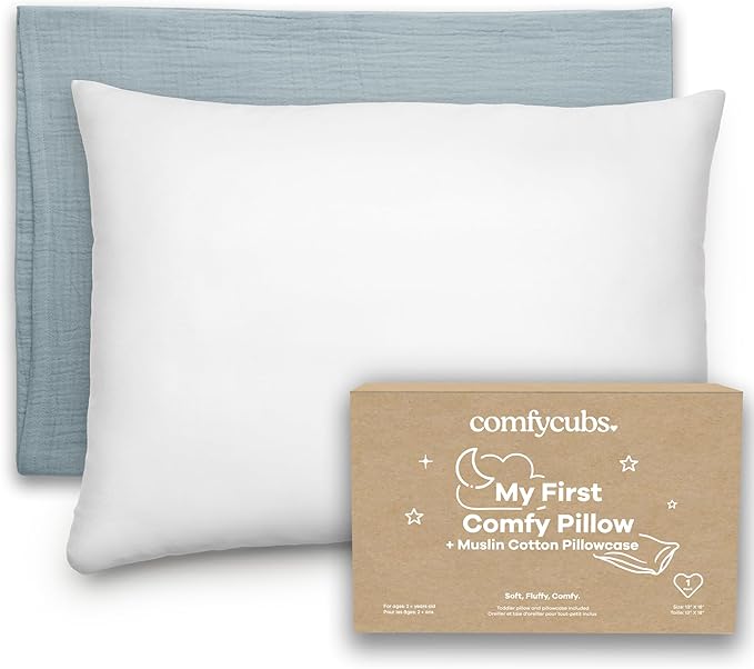 Comfy Cubs Toddler Pillow with Soft Muslin Pillowcase, 13"x18", Pacific Blue - Kids Pillow for Sleeping & Travel - Comfortable Small Pillow - Kids Travel Pillow with Breathable Microfiber Fill