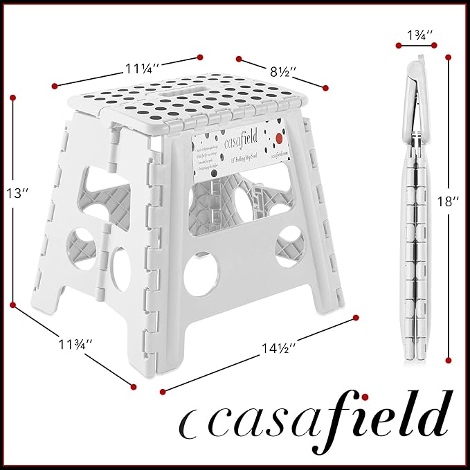 Casafield 13" Folding Step Stool with Handle, White - Portable Collapsible Small Plastic Foot Stool for Adults - Use in The Kitchen, Bathroom and Bedroom