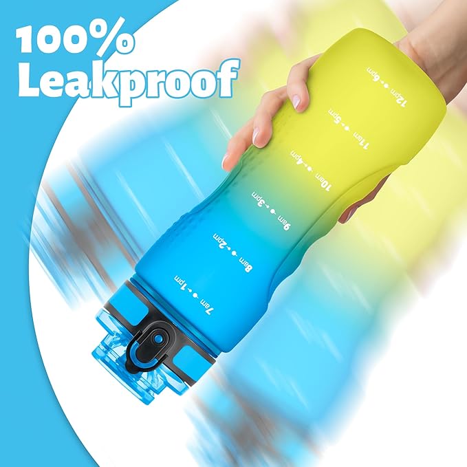 OLDLEY 25 oz Water Bottle, Motivational Water Bottle with Time Marker, Sports Water Bottle With Strap, Leakproof & BPA Free Large Water Bottles for School, Gym, Travel, Outdoor, Tritan,Yellow&Blue