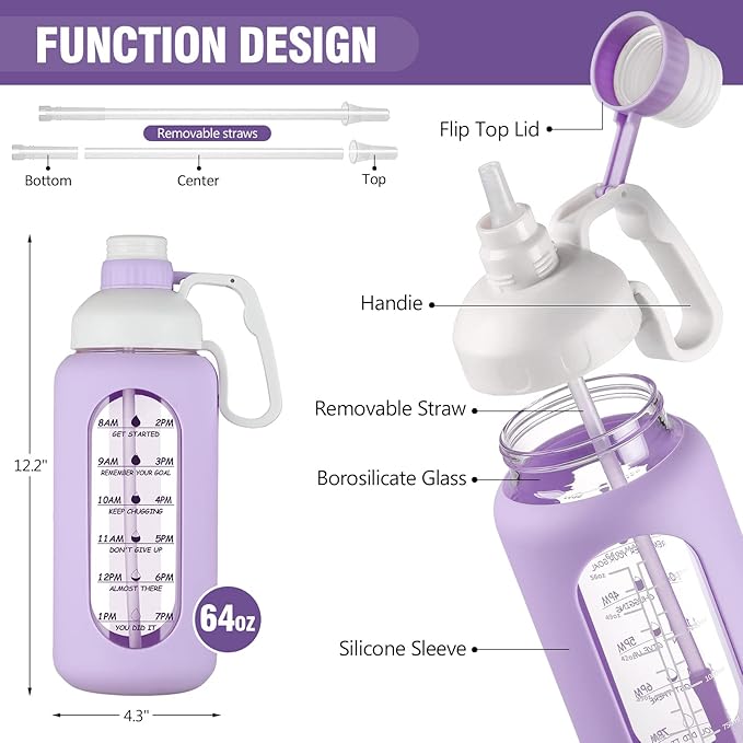 MUKOKO 64oz BPA Free Glass Water Bottle with Straw, Half Gallon, Wide Mouth, Time Marker, Silicone Sleeves, Ideal for Sports, Travel, Running, Camping, Purple