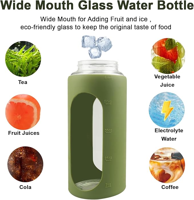 64 Oz Glass Water Bottle with Straw and Lid, Sports Motivational Water Bottle, Leakproof Water Jug Fitness with Silicone Sleeve for Gym, Green