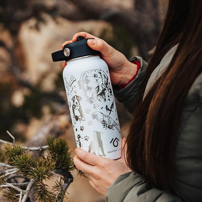 Animal Rescue Water Bottle with Straw Lid | 32 oz Engraved Stainless Steel Insulated with Strap | Best Friends, Pets, and Animals Themed