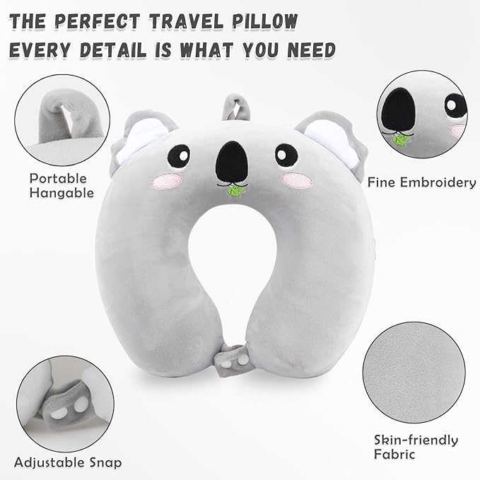 Travel Pillow, Kids Travel Pillow with Sleep Eye Mask Soft Memory Foam Kids Neck Pillow for Boys & Girls, Travel Accessories for Car Airplane Traveling - Koala