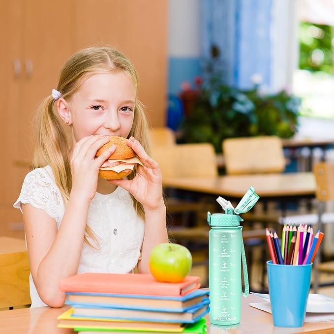 OLDLEY Kids Water Bottle for School, 17 oz (2 lids) BPA-Free Reusable Leak-proof Durable Tritan Plastic Water Bottles with Straw & Chug Lids, Anti-dust Spout Cover (Mint Green)