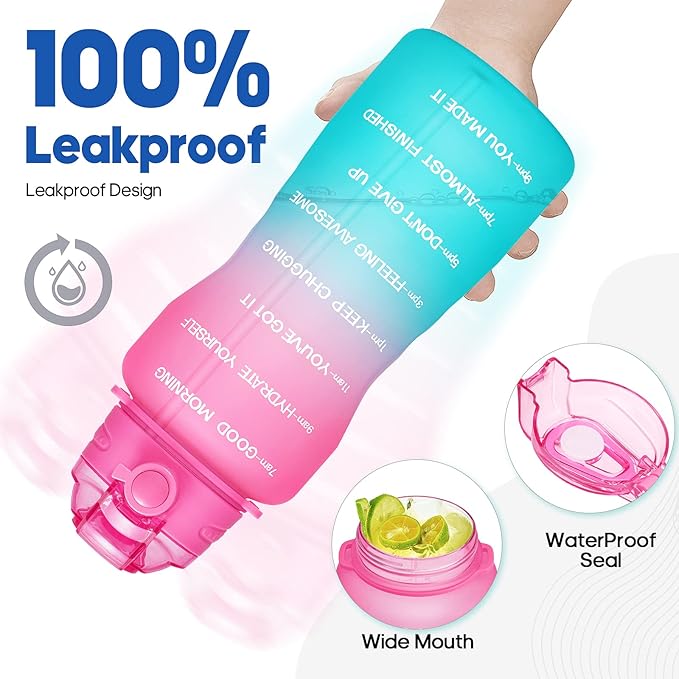 Water Bottles 1 / Half Gallon with Time Marker and Straw, Large Fitness Sports Motivational Bottle, Wide Mouth Leakproof and BPA Free for Travel, Gym,office,school