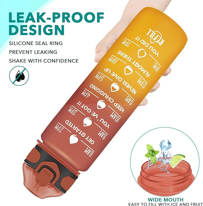 Enerbone 32 oz Drinking Water Bottle with Times to Drink and Straw, Motivational with Carrying Strap, Leakproof BPA & Toxic Free, Ensure You Drink Enough Water for Fitness Gym Outdoor