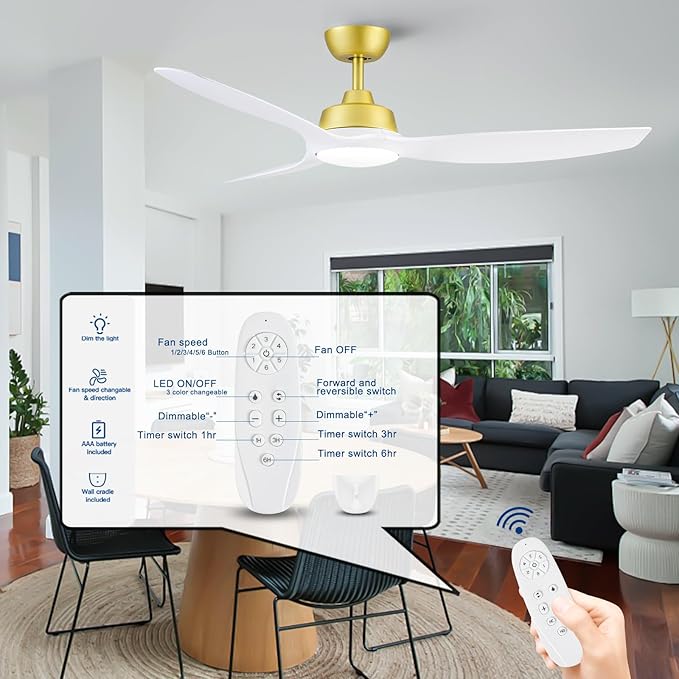 Sevenine Ceiling Fan with Light,White Gold Ceiling Fan,3 Blades,Downrod,6 Speed Adjustable,Dimmable LED,3 Timers,Reversible DC Motor, for Patio Living Room Bedroom Dining Room (White Gold, 52)