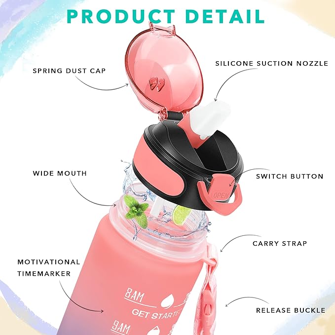 Enerbone 32 oz Drinking Water Bottle with Times to Drink and Straw, Motivational with Carrying Strap, Leakproof BPA & Toxic Free, Ensure You Drink Enough Water for Fitness Gym Outdoor
