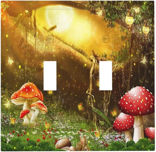 Red Mushroom Forest Fairy Moon Butterfly Double Toggle Bohemian Light Switch Covers Decorative 2 Gang Wall Plate Dual Electrical Faceplate Switchplate for Kidroom Nursery Decor