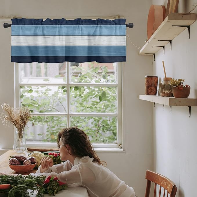 Farmhouse Kitchen Curtains Valances for Windows ,Navy Sky Blue White Rod Pocket Country Window Treatment for Kitchen /Living Room/Bedroom/ Bathroom,42" X 12" -1 Panel, Retro Rustic Barn Wood Texture