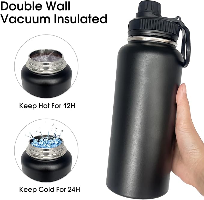 4pack 32 oz Insulated Water Bottle With Straw, Stainless Steel Sports Water Cup Flask with 2 Lids, Wide Mouth Travel Thermal Mug,Black
