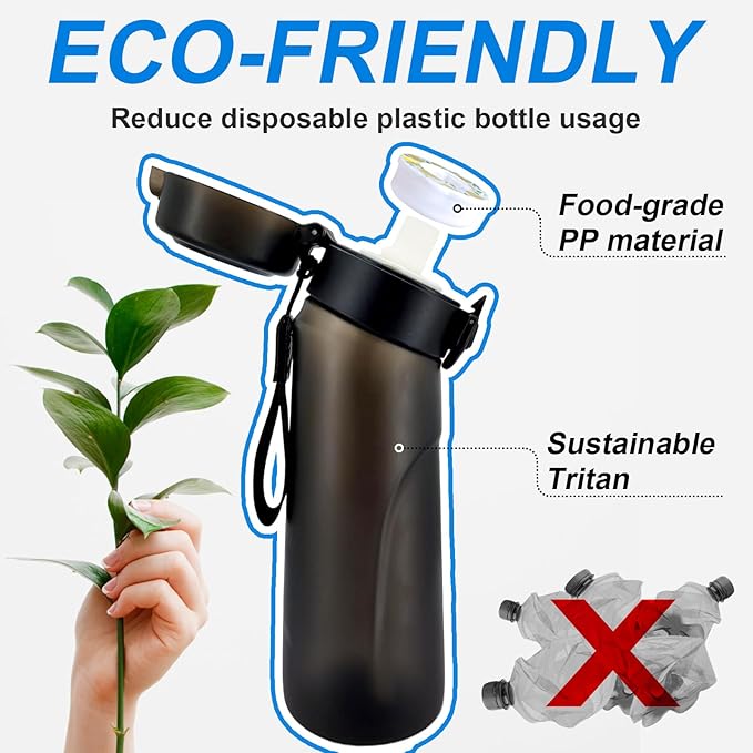 Air Water Bottle with Flavor Pods Tritan, 25oz Sports Water Bottle with Straw Leak-proof, Scented Water Bottle with Carrying Strap(Black+3 Flavor Pods)