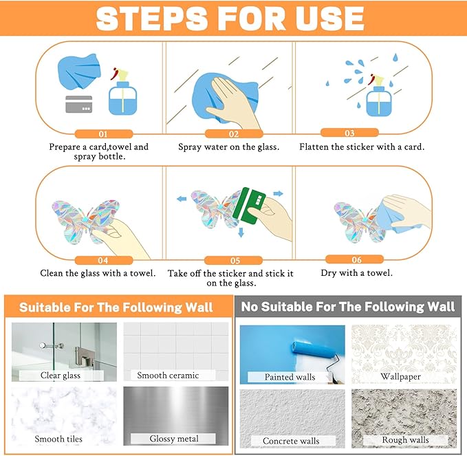 80pcs Window Decals for Glass Windows, Anti Collision Window Clings for Birds, Butterfly Shape Bird Strike Prevention for Windows (Butterfly)