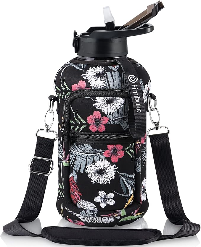 Fimibuke Half Gallon Water Bottle with Sleeve 64 OZ Water Bottle with Handle & Straw Leakproof Motivational Sports Gym Water Bottle with Time Marker BPA Free Water Jug with Reusable Neoprene Holder