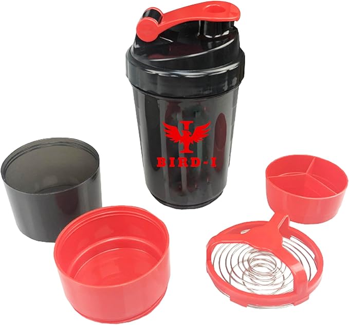 Gym Protein Shaker, 3-in-1, 500ml/16.9oz, BPA-Free, Metal Mixer. (RED), JT4101