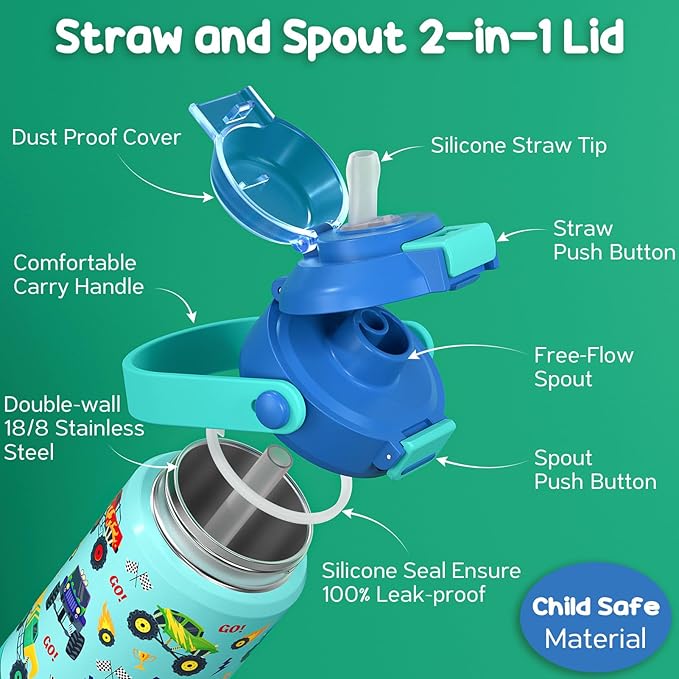 Fimibuke Kids Insulated Water Bottle with Pop-Open Straw & Spout 2-in-1 Lid, 18oz Leak Proof 18/8 Stainless Steel Vacuum Tumbler, BPA-Free Kids Cup For Travel School Boys Girls Toddler 1Pack