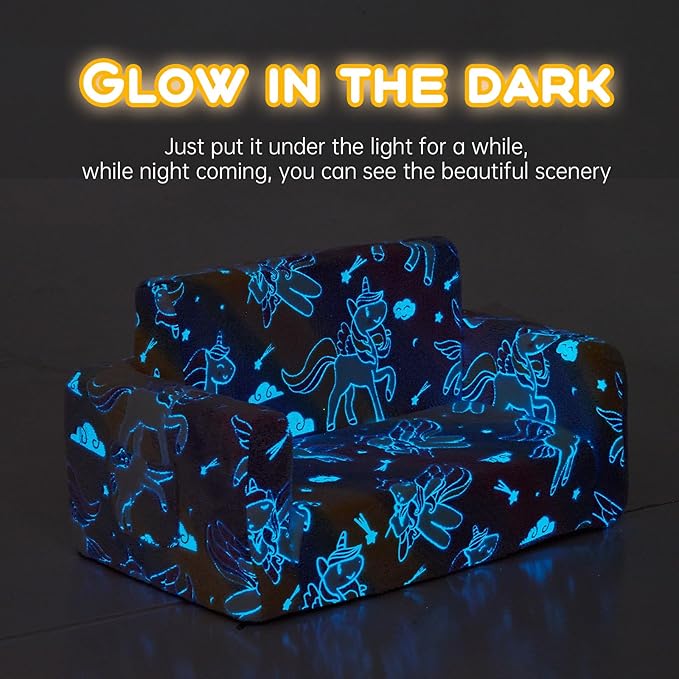 Toddler Chair, Toddler Couch, Kids Couch, Kids Sofa Chair 2 in 1, Comfy Toddler Chair Folding Out for Girls, Glow in The Dark Extra Soft Open Couch for Playroom, Gifts for Kids, Pink Unicorn