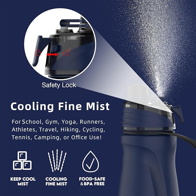 Misting Water Bottle, 24oz Insulated Water Bottle, 2-in-1 Mist & Sip Stainless Steel Water Bottles, Thermo for Hot Drinks/Cold Drinks, Sports Water Bottle for Hiking, Running, Gym, Navy Blue