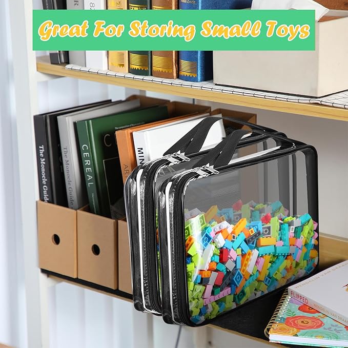 Sanwuta 3 Packs Toy Storage Bags with Zipper, Clear PVC Organizing Bags, Waterproof Toy Bags for Board Games, Building Blocks, Toys and Kids Books (Black,12.6 x 9 x 2.36 Inch)