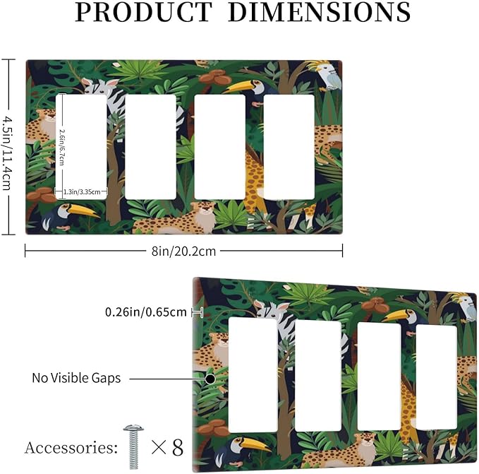 Cartoon Animal Zebra Leopard Giraffe Bird Leaf 4 Gang Rocker Decora Nursery Light Switch Cover Decorative Outlet Covers Wall Plate Electrical Faceplate Switchplate GFCI for Kidroom Decor