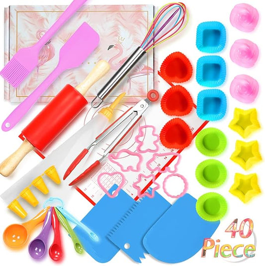 Kids Cooking and Baking Set 40 Pcs with Gift Box, Real Kitchen Utensils Kit for Children Toddlers Teens, Gift for Girls&Boys, Nonstick Rolling Pin Silicone Pastry Mat Cupcake Molds