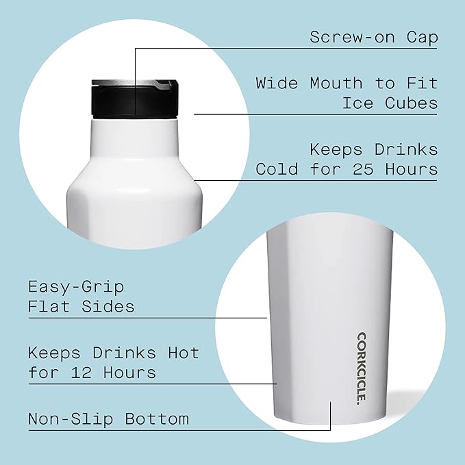 Corkcicle Sport Canteen Insulated Tumbler, Gloss White, 20 oz – Reusable Water Bottle Keeps Beverages Cold for 25 Hours & Hot 12 Hours – Cupholder Friendly Tumbler with Screw-On Cap
