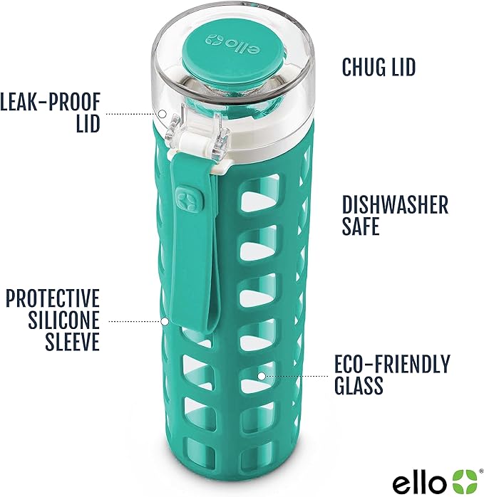 Ello Syndicate Glass Water Bottle with One-Touch Flip Lid and Protective Silicone Sleeve and Carry Loop, BPA Free, Dishwasher Safe,20oz