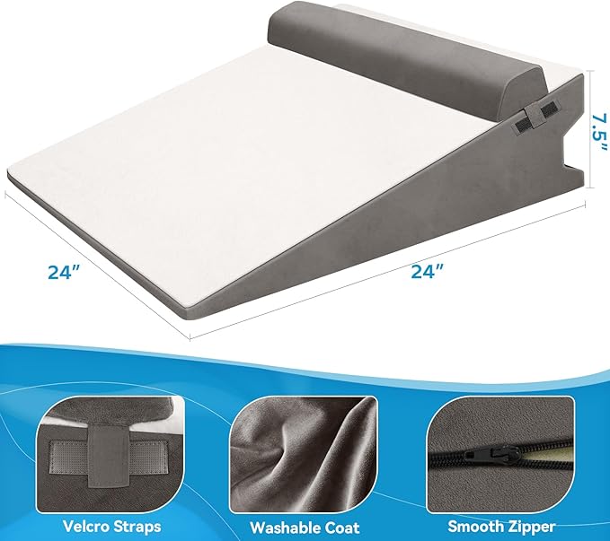 CloudBliss 7.5 inches Bed Wedge Pillow with Memory Foam for Sleeping After Gerd Acid Reflux, Surgery, Relief Back Pain, Adjustable and Breathable Pillow with Washable Cover for Surgery Recovery, Gray