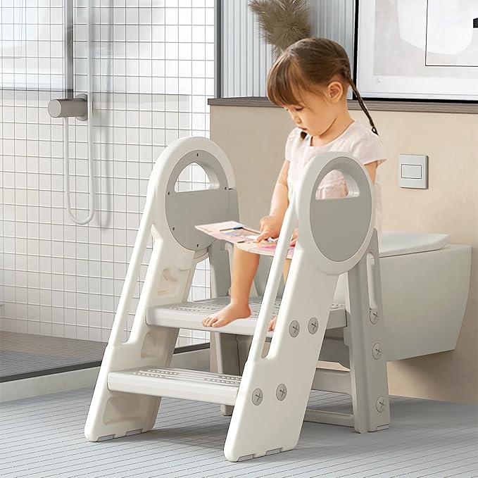 Nisorpa Foldable 3 Step Stool, Adjustable Step Stool, Toddler Helper Stool with Handles, Non-Slip Toilet Potty Training Stool, Plastic Ladder for Bathroom Sink Kitchen (3 & 2 Step Adjustment)