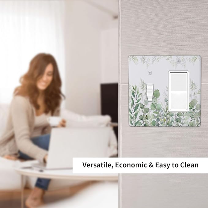 Green Eucalyptus Rustic Botanical Plant Leaves 2 Gang Single Toggle Rocker Combination Boho Light Switch Covers Decorative Wall Plate Cover Electrical Faceplate Switchplate for Country