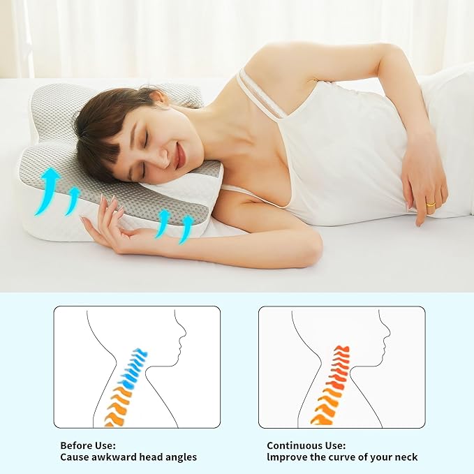 Cervical Neck Pillow for Pain Relief, Contour Memory Foam Pillows for Sleeping, Ergonomic Neck Support Pillow, Suitable for Side Back Stomach Sleepers with Cooling Pillowcase, Grey