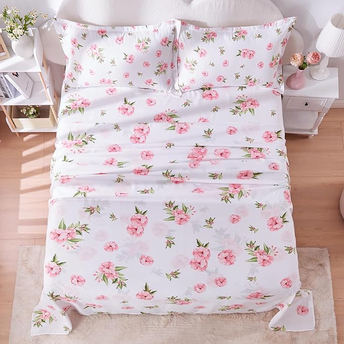 Queen Sheet Set White Pink Floral Bed Sheets Set Cute Soft Microfiber Cooling Sheets 4 Pieces Queen Size Bed Set Wrinkle Free, 15 inch Deep Pocket Fitted Sheet, Flat Sheet, Pillowcases