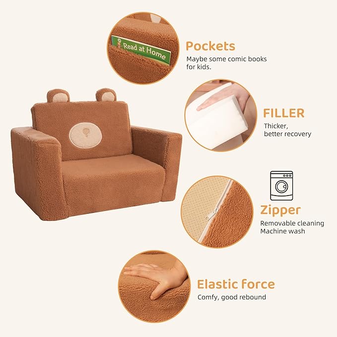 LonSEA Furniture, Teddy Bear, Baby Chair for Toddler, Toddler Bed, Convertible Sofa to Lounger - Comfy 2-in-1 Flip Open Couch/Sleeper for Kids, Toddler Cot, Light Brown