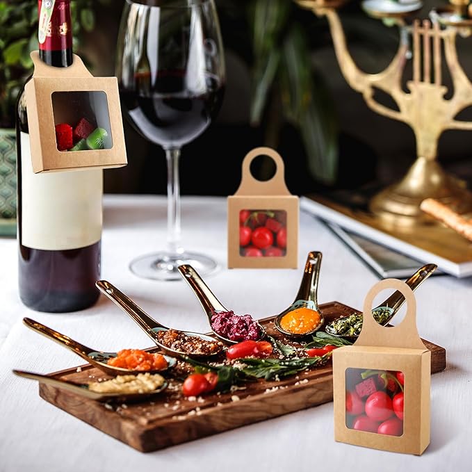 Sibba 20Count Kraft Paper Wine Bottle Box with Window Handles Hanging Foldable Gift Wine Sets Folding Kraft Bags for Kitchen Christmas Dining Engagement